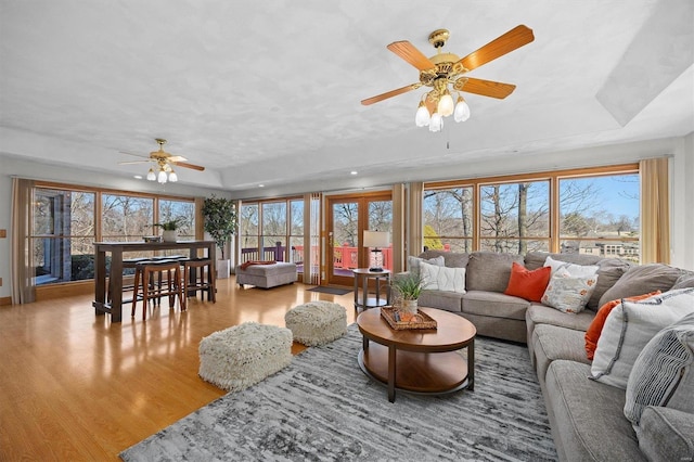 living room with a raised ceiling, wood finished floors, and a wealth of natural light