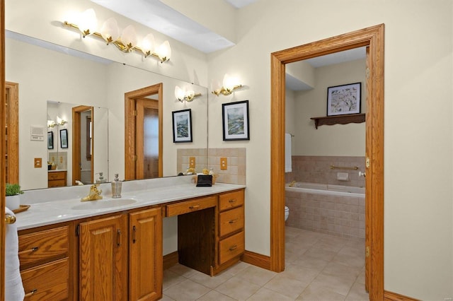 full bath with tile patterned flooring, a garden tub, toilet, and vanity