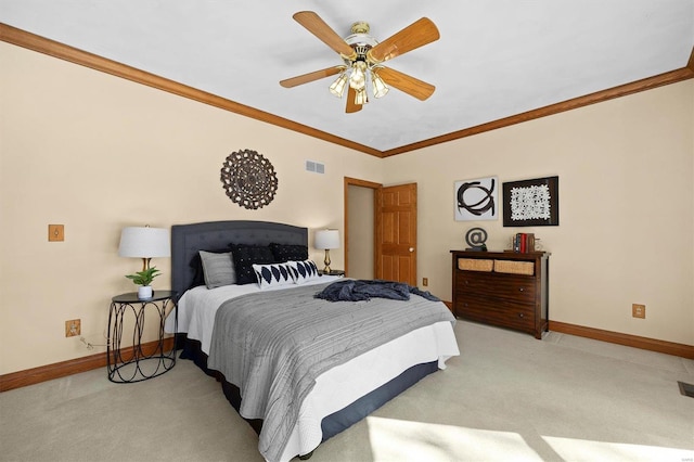 bedroom featuring visible vents, a ceiling fan, crown molding, baseboards, and light colored carpet