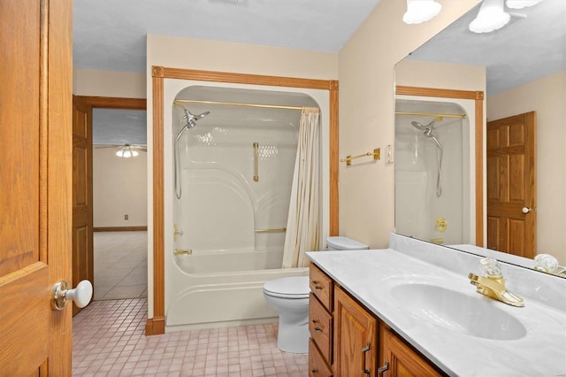 full bath featuring tile patterned flooring, vanity, toilet, and shower / tub combo