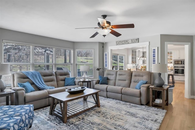 living area with a ceiling fan and wood finished floors