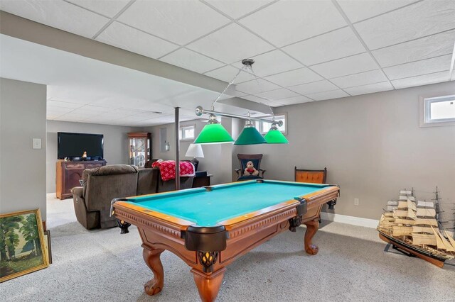 rec room featuring pool table, carpet flooring, baseboards, and a drop ceiling