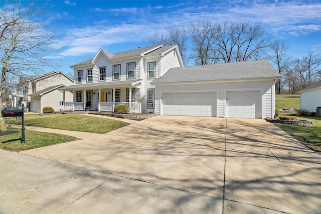 colonial house with a front yard, a porch, concrete driveway, and an attached garage