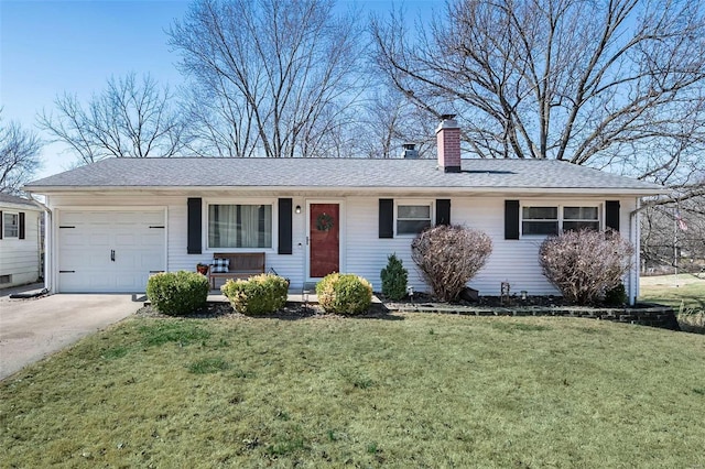 single story home with roof with shingles, driveway, a chimney, a front lawn, and a garage