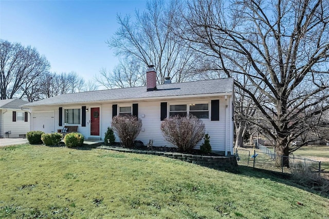 ranch-style house featuring an attached garage, a chimney, a front yard, and fence