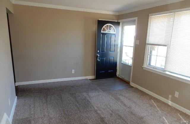 carpeted entrance foyer with crown molding and baseboards