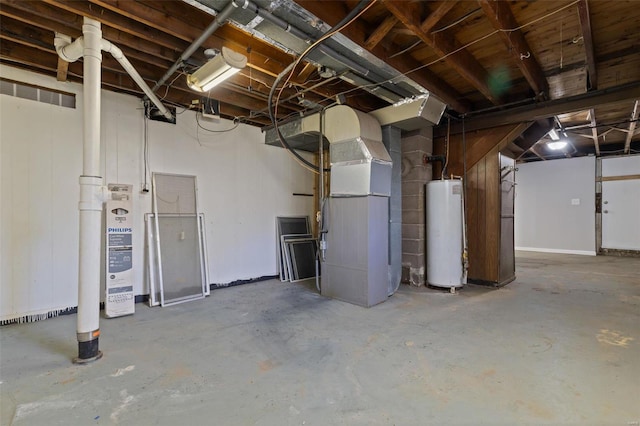 unfinished below grade area featuring gas water heater and heating unit