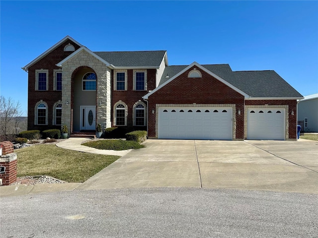 view of front of home featuring brick siding, roof with shingles, concrete driveway, and an attached garage