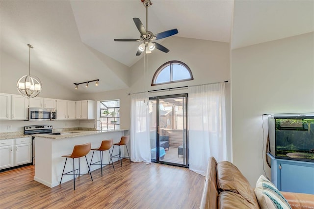 kitchen with a kitchen bar, white cabinetry, stainless steel appliances, a peninsula, and light wood finished floors