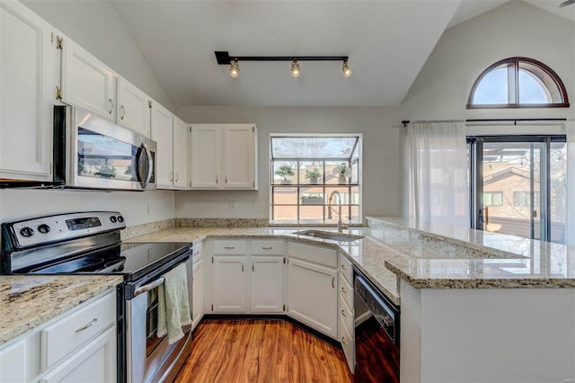 kitchen featuring a sink, appliances with stainless steel finishes, a healthy amount of sunlight, and vaulted ceiling