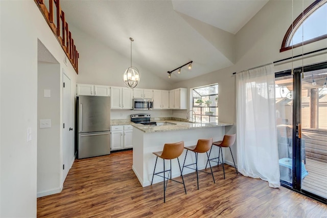 kitchen featuring appliances with stainless steel finishes, a peninsula, dark wood finished floors, and white cabinets