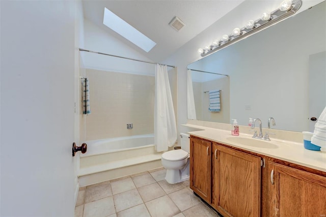 bathroom featuring tile patterned flooring, visible vents, toilet, shower / bath combination with curtain, and vanity