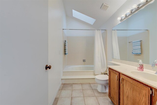 full bath featuring visible vents, shower / bathtub combination with curtain, toilet, tile patterned flooring, and vanity