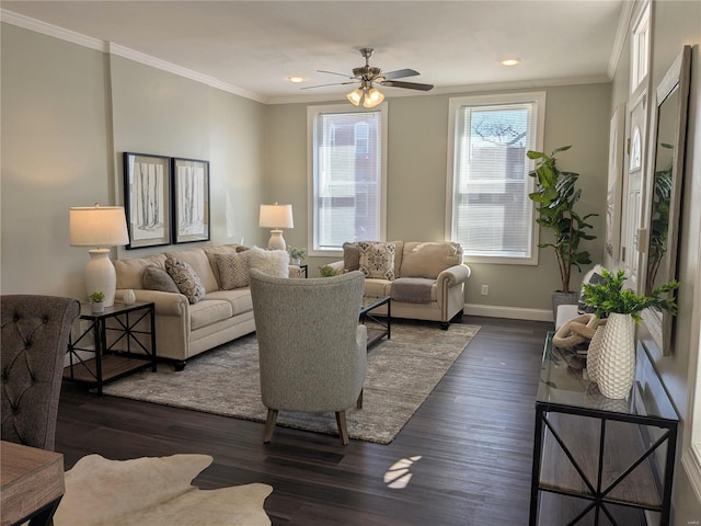 living room featuring crown molding, recessed lighting, baseboards, and dark wood-style flooring