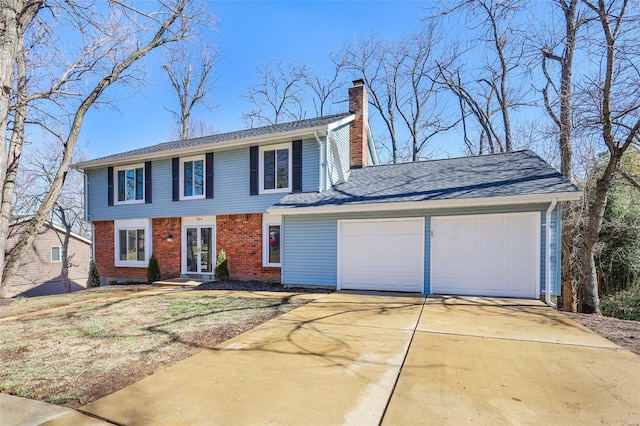 view of front of house with brick siding, concrete driveway, french doors, a chimney, and an attached garage