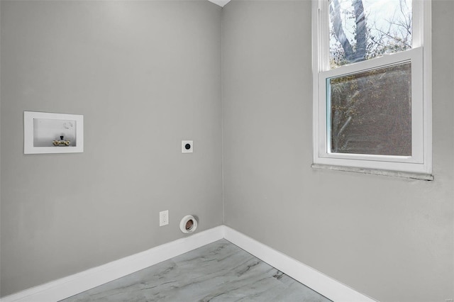 laundry area featuring hookup for a washing machine, baseboards, hookup for an electric dryer, laundry area, and marble finish floor