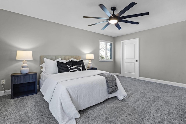 carpeted bedroom with a ceiling fan and baseboards