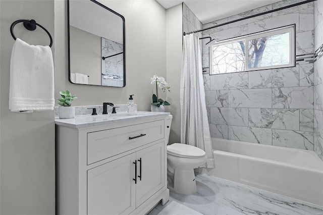 bathroom with shower / bathtub combination with curtain, toilet, marble finish floor, and vanity