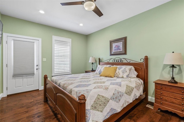 bedroom featuring recessed lighting, baseboards, wood finished floors, and ceiling fan