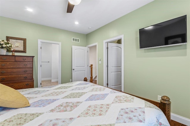 bedroom with recessed lighting, visible vents, baseboards, and ceiling fan