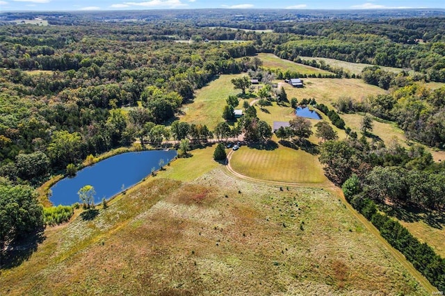 birds eye view of property featuring a view of trees and a water view