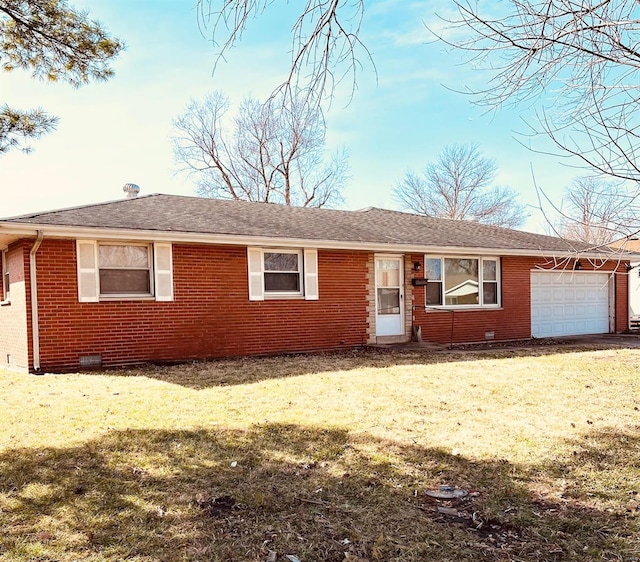 single story home featuring roof with shingles, a front lawn, a garage, crawl space, and brick siding