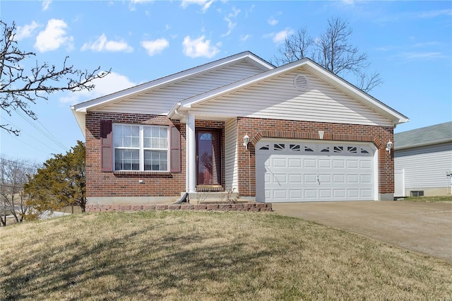 single story home featuring a garage, a front lawn, brick siding, and driveway