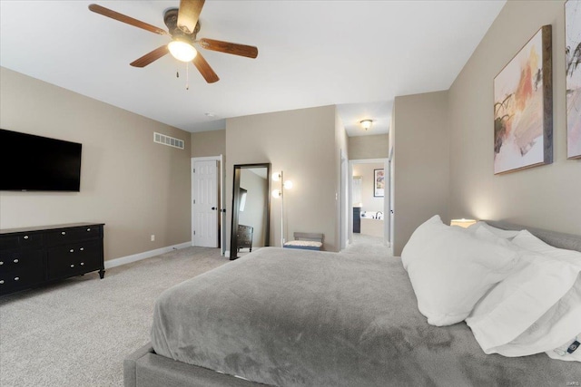 bedroom featuring visible vents, light colored carpet, baseboards, and ceiling fan