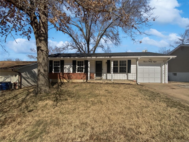 single story home featuring a front lawn, driveway, a porch, a garage, and brick siding