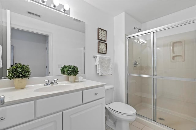 full bath featuring visible vents, toilet, a stall shower, and vanity