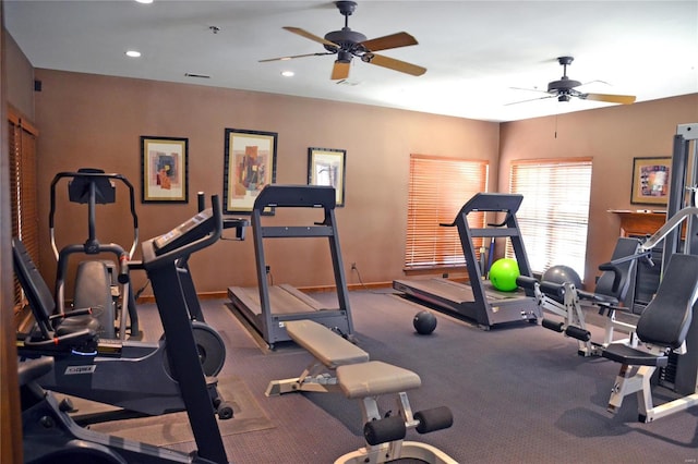 workout room featuring a ceiling fan, recessed lighting, and baseboards