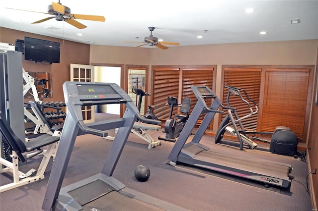 workout area featuring a ceiling fan and recessed lighting