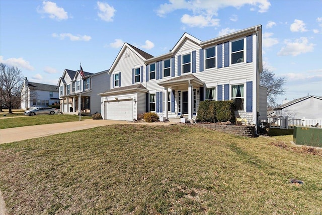 view of front of property with a garage, concrete driveway, and a front yard