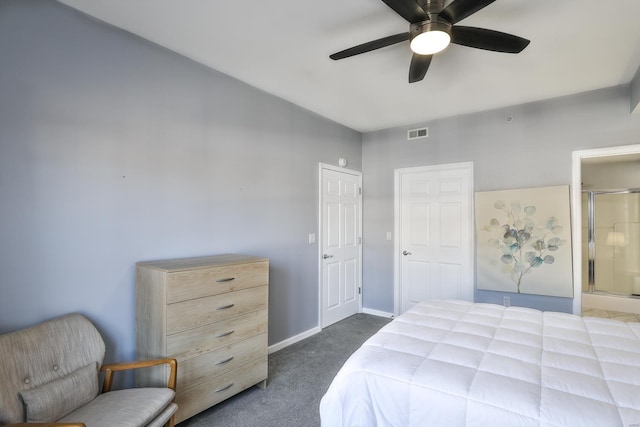 bedroom featuring carpet, visible vents, baseboards, ceiling fan, and connected bathroom