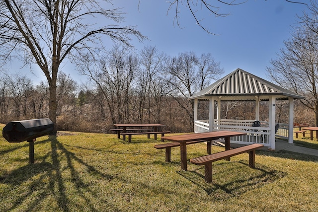 view of community featuring a gazebo and a lawn