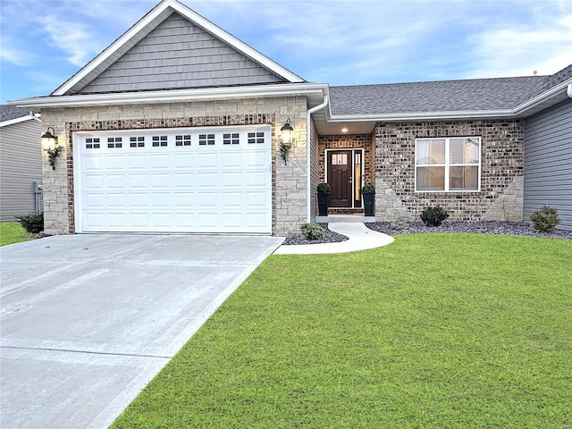 single story home featuring brick siding, a shingled roof, a front yard, a garage, and driveway