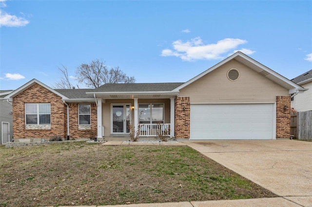 single story home with a front yard, a porch, concrete driveway, a garage, and brick siding