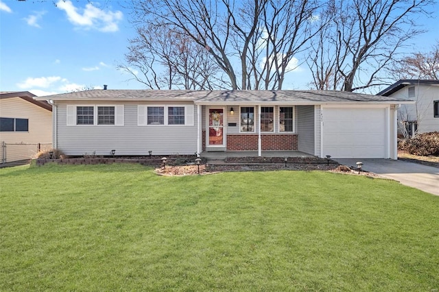 ranch-style house with a front yard, fence, a garage, and driveway