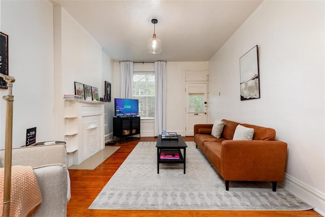 living room with baseboards and wood finished floors