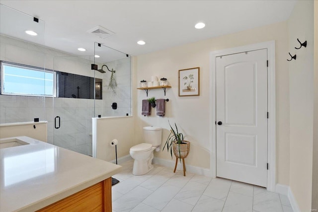 full bath featuring visible vents, toilet, a stall shower, recessed lighting, and vanity