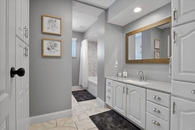 bathroom featuring vanity, baseboards, marble finish floor, and shower / tub combo with curtain