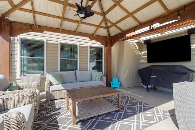 view of patio / terrace featuring a gazebo, a grill, an outdoor hangout area, and a ceiling fan