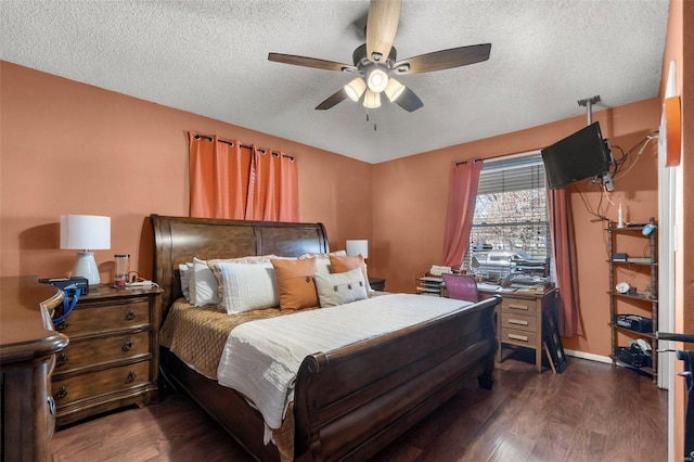 bedroom featuring dark wood-style floors, baseboards, a textured ceiling, and ceiling fan