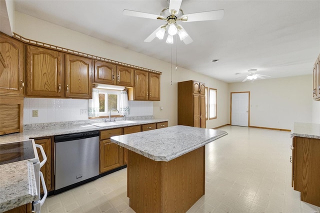 kitchen featuring white electric range oven, light floors, ceiling fan, a sink, and stainless steel dishwasher