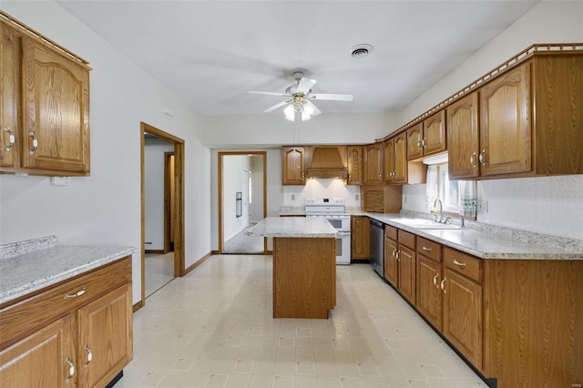 kitchen featuring custom range hood, a sink, double oven range, brown cabinetry, and dishwasher