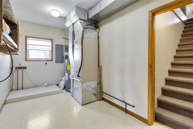 utility room with electric panel, heating unit, and electric water heater