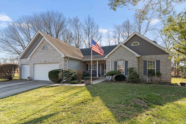 ranch-style house with a front yard, a garage, brick siding, and driveway