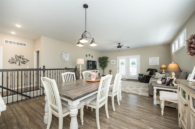 dining area featuring a ceiling fan, recessed lighting, wood finished floors, and visible vents