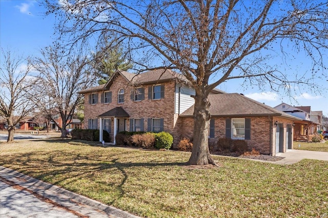 colonial inspired home featuring a garage, brick siding, concrete driveway, and a front yard