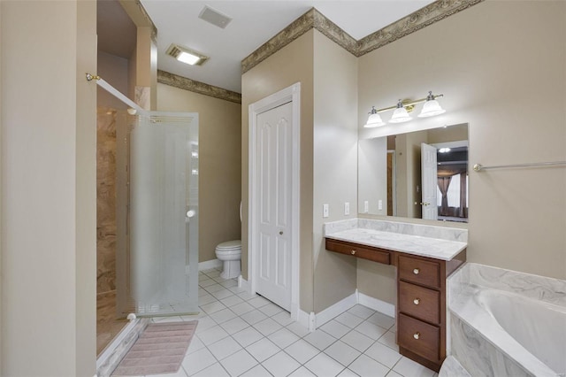 bathroom featuring vanity, toilet, a shower stall, tile patterned floors, and a bath